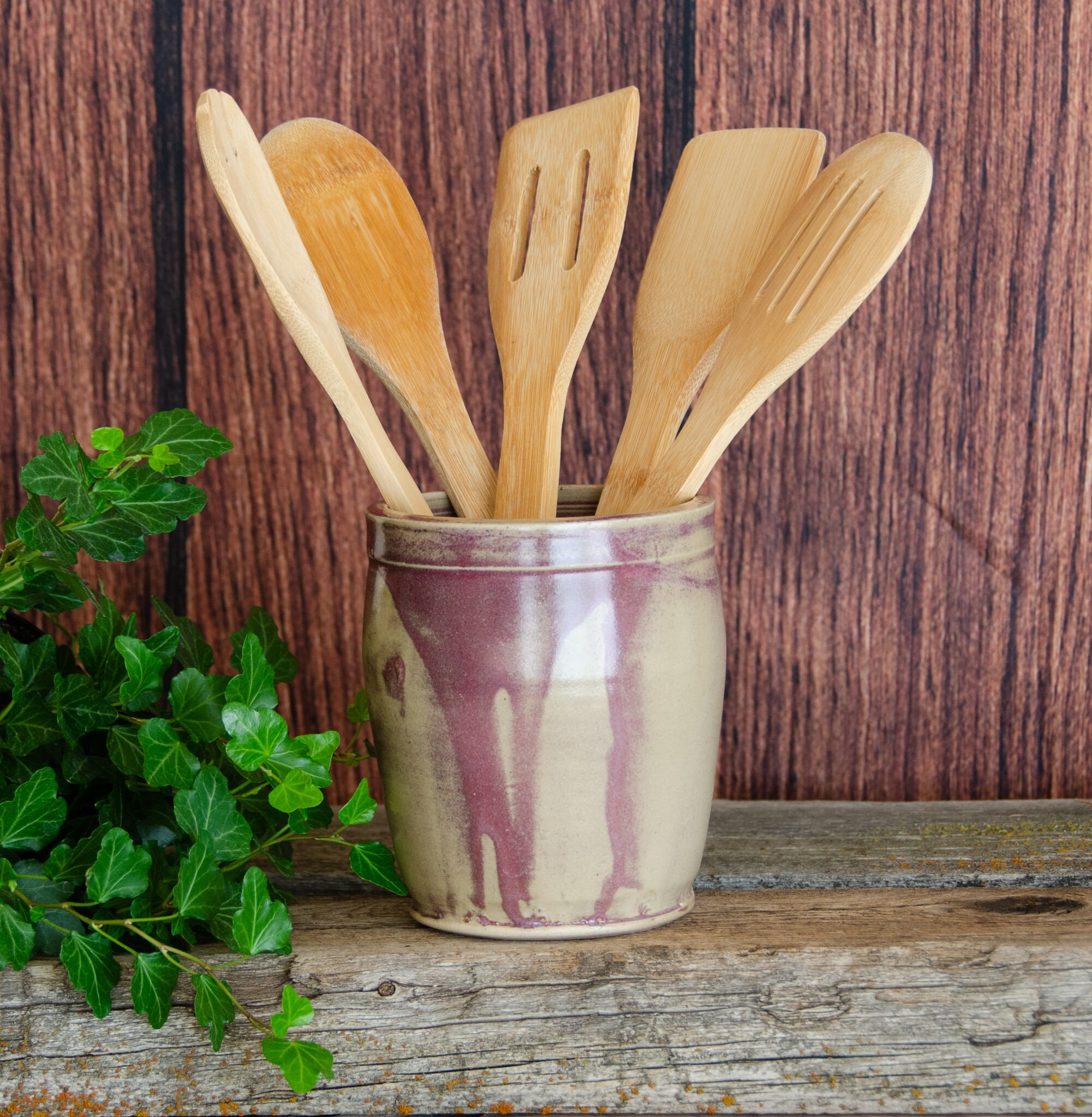 Ceramic Utensil Holder Maroon Beige Hand Thrown Porcelain Etsy