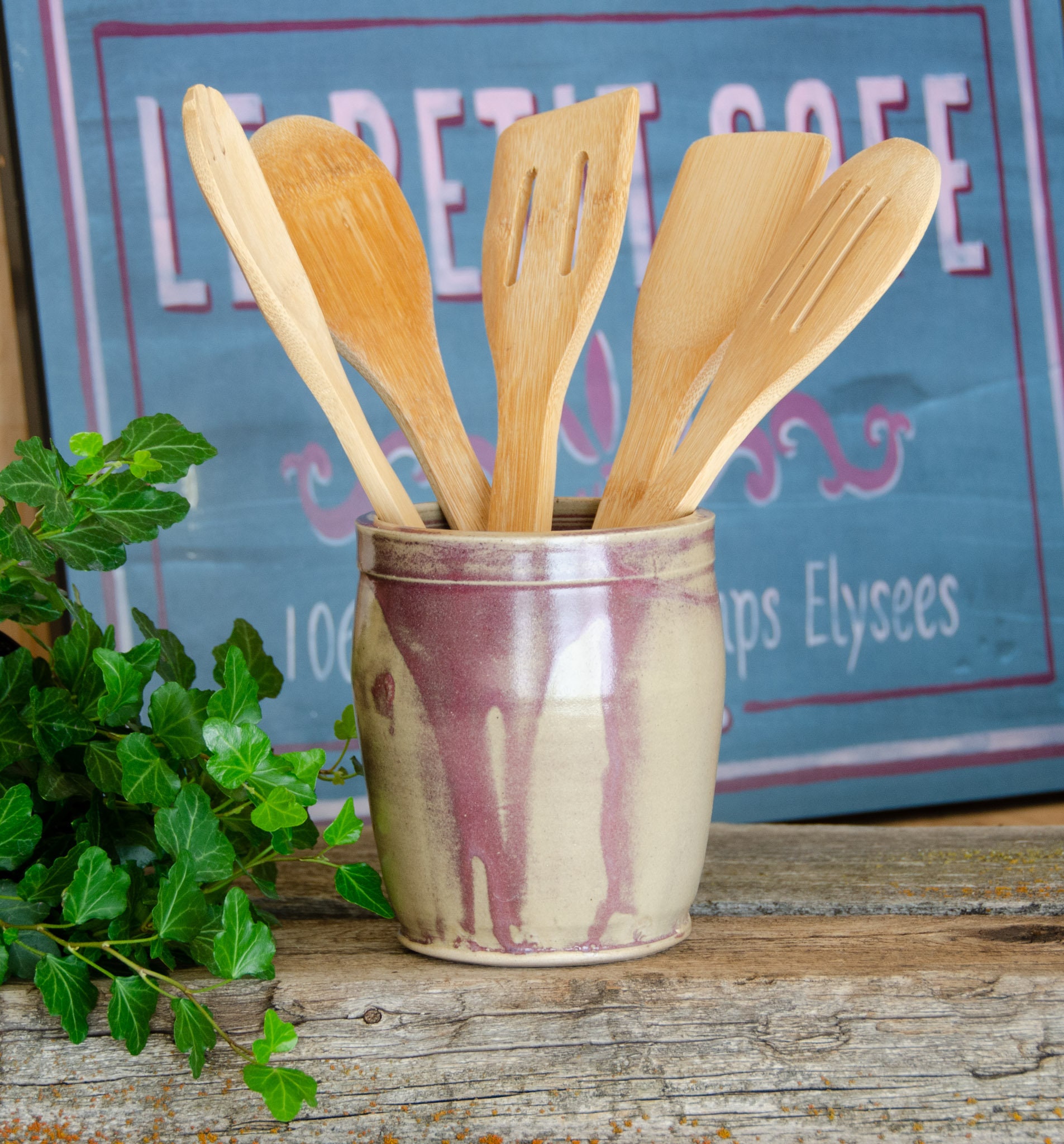 Ceramic Utensil Holder Maroon Beige Hand Thrown Porcelain Etsy