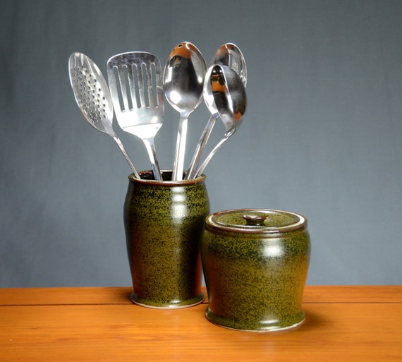 Black Gold Utensil Holder & Lidded Jar Set Ceramic Hand Etsy