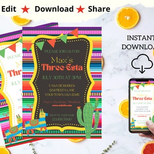 Kids Birthday Invitation Template - 3rd Birthday Three-Esta Fiesta Theme