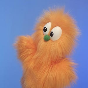 May include: An orange, furry hand puppet with large white eyes, black pupils, and a green nose. The puppet has a shaggy texture and is set against a blue background. The puppet's arms are outstretched, giving it a friendly appearance.
