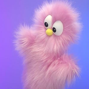 May include: A pink, fluffy hand puppet shaped like a bird with large, cartoonish eyes and a yellow beak. The puppet has a soft, textured appearance and is set against a gradient background of purple and blue.