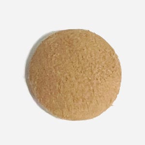 May include: A round, light brown object with a textured surface. The object is circular and appears to be made of a porous material. The color is a warm, neutral tone, and the overall appearance is simple and natural.