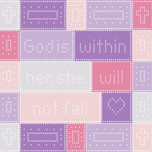 Puede incluir: Una colcha de retazos de color morado, rosa y blanco con el texto "Dios está dentro de ella, no caerá" en blanco.