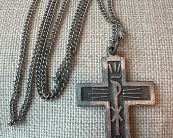 Old Vintage Religious Chi-Rho cross Pendant necklace  in pewter, unmarked that I can see