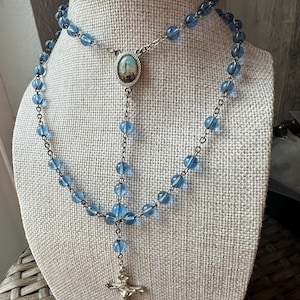Vintage Our Lady of Fatima, smooth round blue glass bead rosary, color center