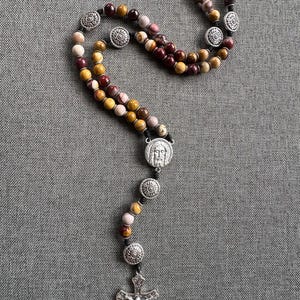 The Most Holy Face of Jesus. Genuine Mookaite stone hand knotted Rosary with silver accents and ornate Crucifix