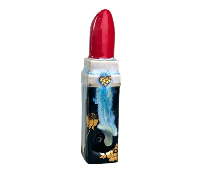 Red and Black Drippy Lipstick Pipe with Gold Flowers and Rhinestones