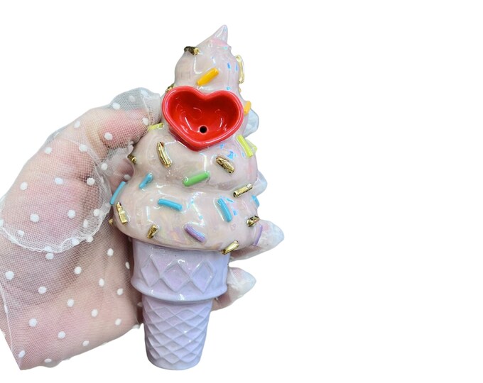 Iridescent Pink Ice Cream with Rainbow Sprinkles and Lavender Cone