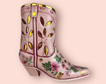 Pink and Gold Boot Vase with Gold Detailing and Vintage Florals