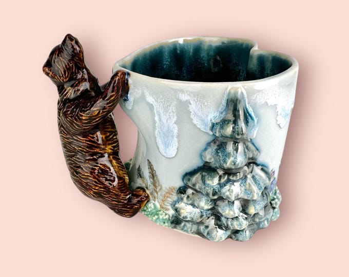 Into The Woods Bear Handle Heart Mug With Bunny and Fox