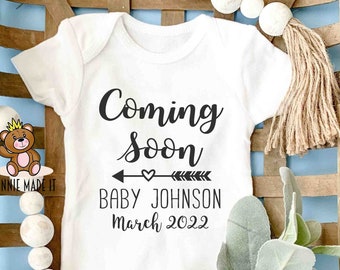 Pregnancy Announcement Onesie® - Coming Soon Personalized With Name and Due Date - Perfect Gender Neutral Pregnant Baby Announcement Romper