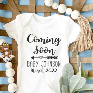 Pregnancy Announcement Onesie® Coming Soon Personalized With Name and Due Date Perfect Gender Neutral Pregnant Baby Announcement Romper image 1