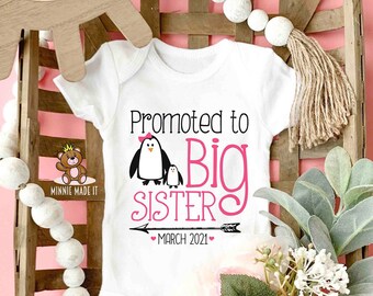 Personalized Promoted To Big Sister Baby Onesie® /Toddler T-Shirt - Big Sister T-Shirt - Pregnancy Announcement With Due Date - Second Baby