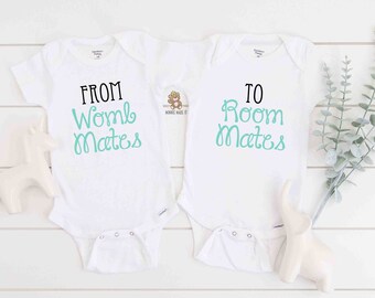 Twins Onesies® - From Womb Mates To Room Mates - Twins Matching Onesies® Set Of 2 - Gender Neutral Twin Babies Matching Gift Set - Funny Tee