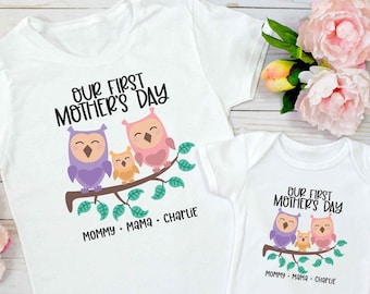 Our First Mother's Day Personalized Matching Shirt and Baby Onesie®- Our 1st Mothers Day Matching Shirts Gift - Two Mom's Mother's Day Shirt