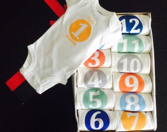 Colorful Baby Boy Monthly Milestone Onesies® Set of 3, 5 or 12 - Perfect Newborn Gift - Add Baby's Name - Baby's 1st Year Milestone Onesies®