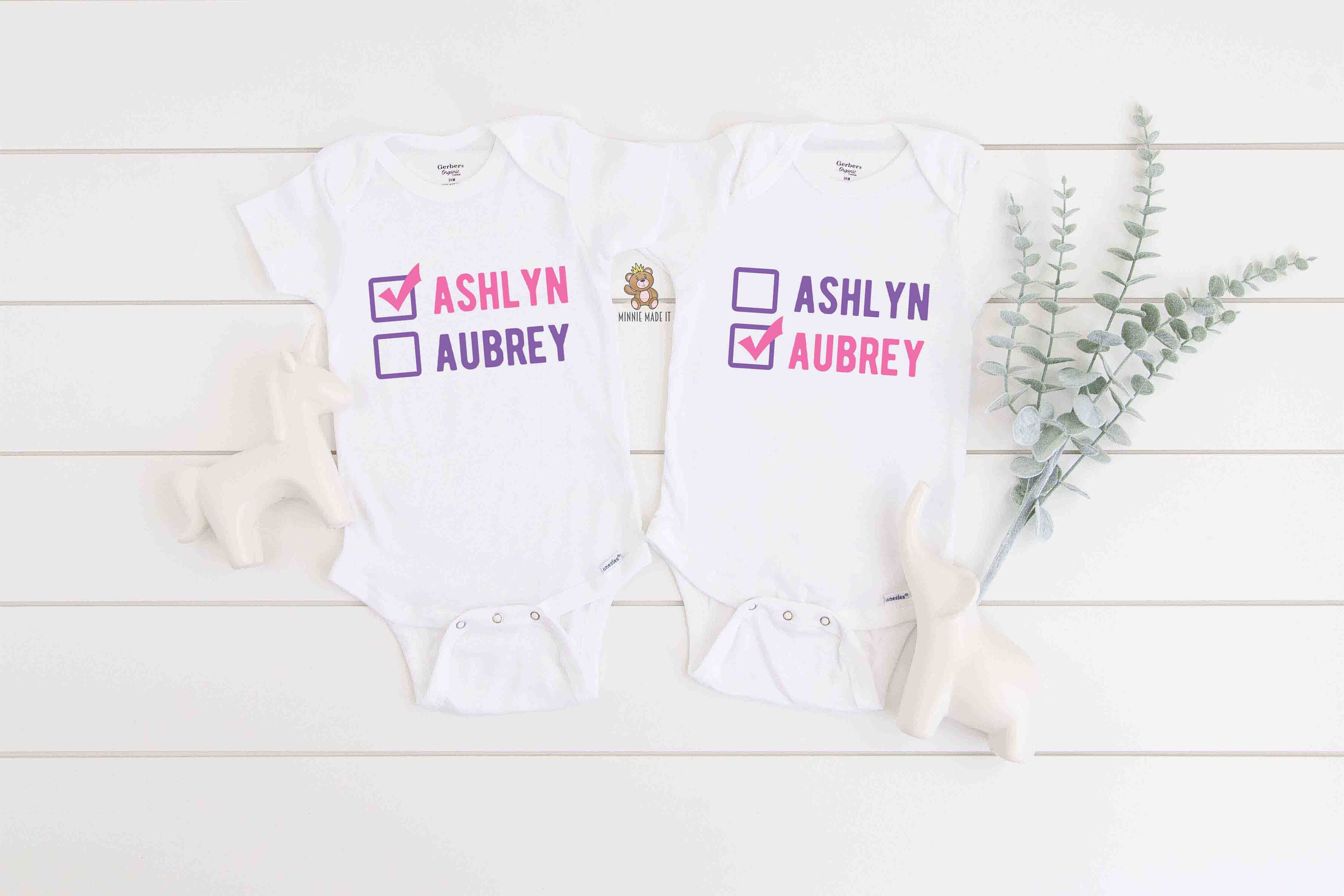 Personalized Twins Matching Onesies® (Set Of 2) - Custom Newborn Baby Girls Gerber Onesie® With Names- Twin Sisters Gift Set
