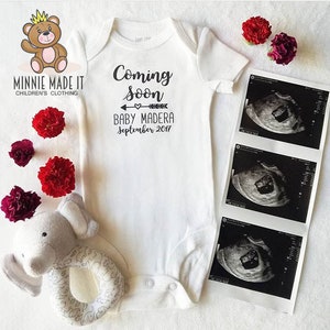 Pregnancy Announcement Onesie® Coming Soon Personalized With Name and Due Date Perfect Gender Neutral Pregnant Baby Announcement Romper image 9