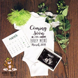 Pregnancy Announcement Onesie® Coming Soon Personalized With Name and Due Date Perfect Gender Neutral Pregnant Baby Announcement Romper image 7