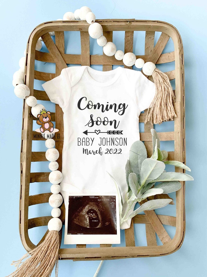 Pregnancy Announcement Onesie® Coming Soon Personalized With Name and Due Date Perfect Gender Neutral Pregnant Baby Announcement Romper image 1