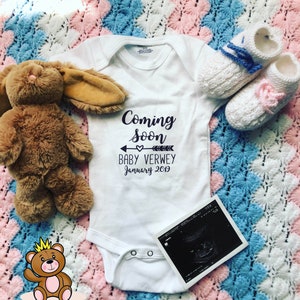 Pregnancy Announcement Onesie® Coming Soon Personalized With Name and Due Date Perfect Gender Neutral Pregnant Baby Announcement Romper image 4