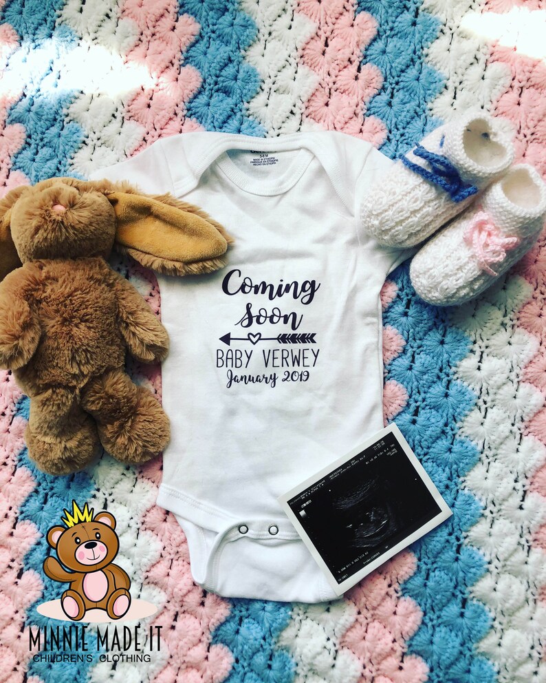 Pregnancy Announcement Onesie® Coming Soon Personalized With Name and Due Date Perfect Gender Neutral Pregnant Baby Announcement Romper image 4