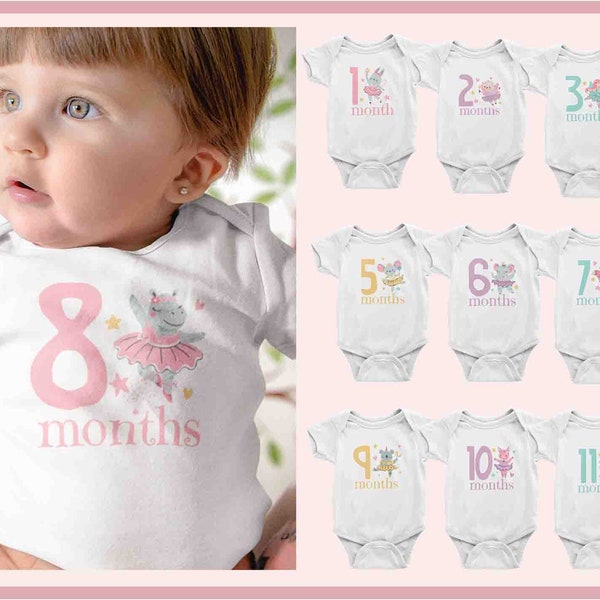 Baby Girl Ballerina Theme Monthly Onesies® Set of 3, 5 or 12 - Baby's First Year Milestone Onesies® - Baby Girl Gift Set - Gift Box included