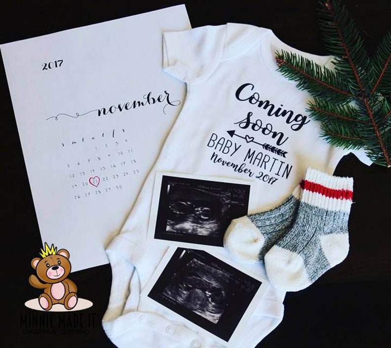 Pregnancy Announcement Onesie® Coming Soon Personalized With Name and Due Date Perfect Gender Neutral Pregnant Baby Announcement Romper image 3