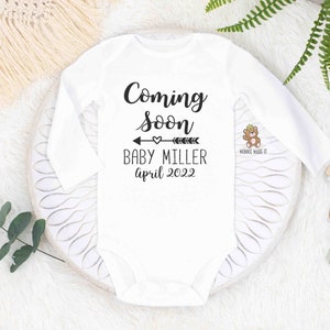 Pregnancy Announcement Onesie® Coming Soon Personalized With Name and Due Date Perfect Gender Neutral Pregnant Baby Announcement Romper Long Sleeve Onesie