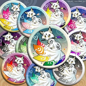May include: A set of 10 colourful round buttons featuring a white fox with a paintbrush and a rainbow tail. Each button has a different colour background and a unique design.