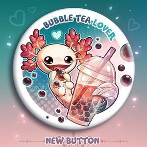 Peut inclure: Un bouton rose et bleu avec un axolotl de dessin animé tenant un bubble tea. Le bouton porte l'inscription "Bubble Tea Lover". Le bouton est un nouveau bouton et un aimant.