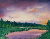 Sunset reflecting in water painting, original oil paitning,  purple green textured palette knife thick impasto FREE  US SHIPPING