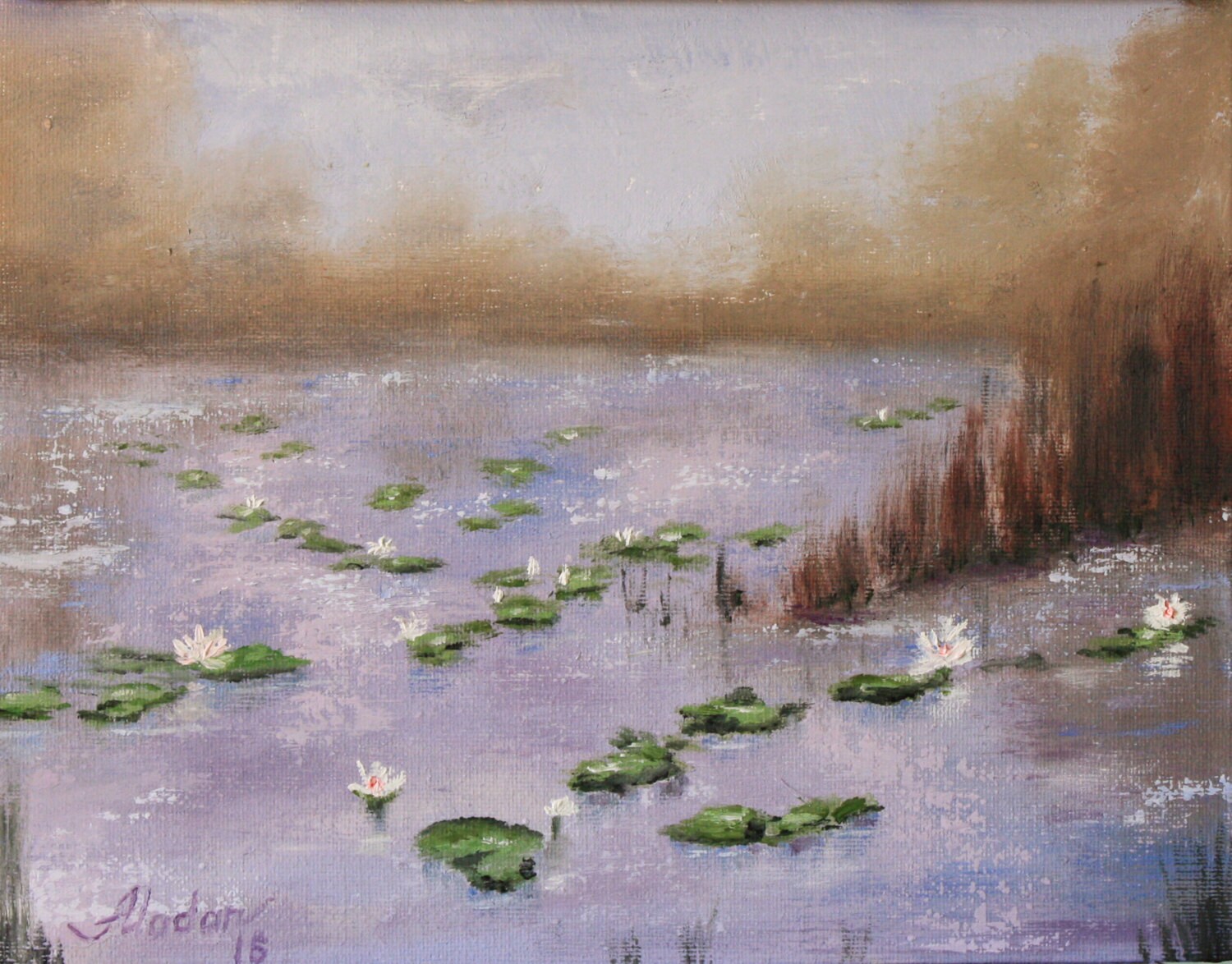 Original oil painting of lily pads on a pond purple home | Etsy