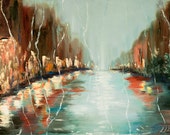 Rainy city street painting, abstract citysape oil painting, night water reflection, FREE US SHIPPING