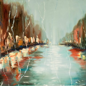 Oil Painting of Rainy City Street  – Abstract Night Cityscape with Water Reflections, Urban Wall Art, FREE US Shipping, signed, original