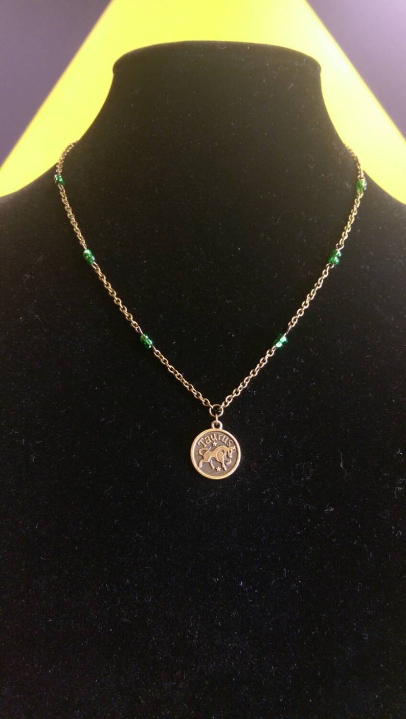 Free Shipping! Bronze Zodiac Hand Beaded Birthstone Necklace Taurus Emerald