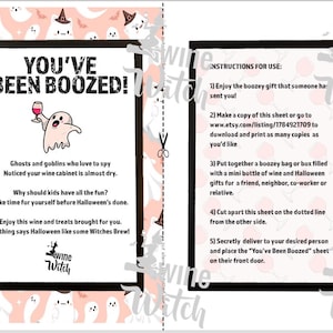 Op de afbeelding: Een printbare Halloween-thema "You've Been Boozed!" cadeautag met een spook dat een glas wijn vasthoudt. De tag bevat instructies voor het maken van een cadeauzak of -doos met alcohol voor een vriend, buurman, collega of familielid.