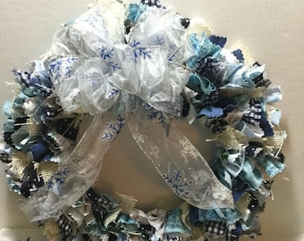 Blue Snowy Rag Wreath