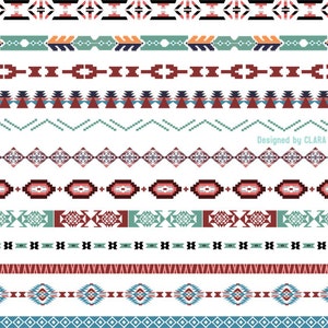 Puede incluir: Un conjunto de 12 patrones digitales sin costuras que presentan diseños geométricos en rojo, azul, verde, negro y blanco. Los patrones están inspirados en el arte nativo americano y se pueden utilizar para una variedad de proyectos, como telas, papel tapiz y diseño de sitios web.