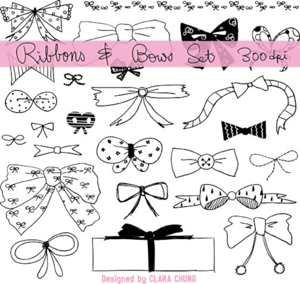 Hand Drawn Cute Girly Ribbon Bow Set Vector Doodle Digital Etsy