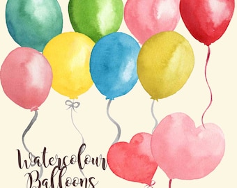 Watercolour hand painted balloons birthday theme digital clipart png set, instant download