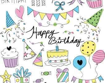 Hand-Drawn Happy Birthday Clipart: Party Theme Vector (PNG, SVG, EPS)