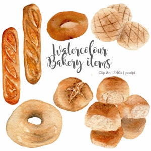Prodotti da forno freschi dipinti a mano ad acquerello, pane ad acquerello, bagel ad acquerello, clip art di baguette, pane ad alta risoluzione, png ad acquerello, cibo jpg