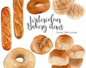 Watercolor Bakery Clipart: Bread, Bagel, Baguette (PNG, JPG Digital Download)