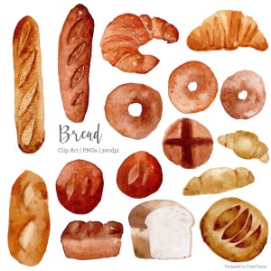Conjunto de comida de panadería pintada a mano con acuarela, pan de acuarela, baguette de croissant, conjunto de imágenes prediseñadas de panadería, pan de acuarela, donut de bagel de acuarela