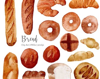 Watercolor Bakery Clipart Set: Bread, Bagel, Croissant (Digital Download)