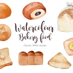 Watercolour hand painted bakery food, bread clip art, watercolor loaf, watercolor buns, digital png set, bakery menu design, bakery design