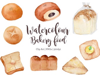 Watercolour hand painted bakery food, bread loaf, buns…etc digital png clip art set