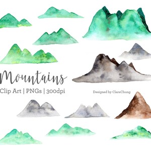 May include: A set of watercolour illustrations of mountains in various shades of green, brown, and grey. The mountains are isolated on a white background. The text "Mountains Clip Art | PNGs | 300dpi" is at the bottom of the image. The text "Designed by ClaraChung" is at the bottom right of the image.